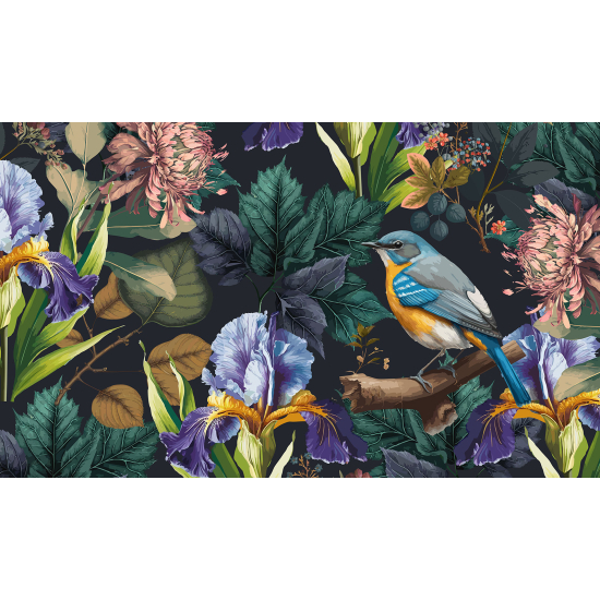 Panoramic Wallpaper - Wall Mural - Flowers Birds