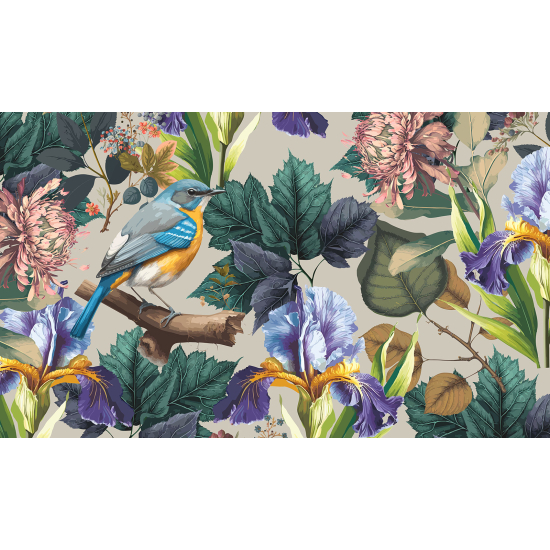 Panoramic Wallpaper - Wall Mural - Flowers Birds