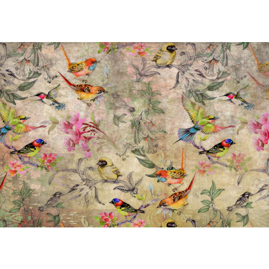 Panoramic Wallpaper - Wall Mural - Flowers Birds