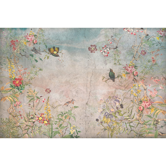 Panoramic Wallpaper - Wall Mural - Flowers Birds