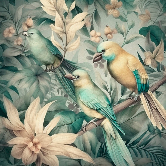 Panoramic Wallpaper - Wall Mural - Flowers Birds