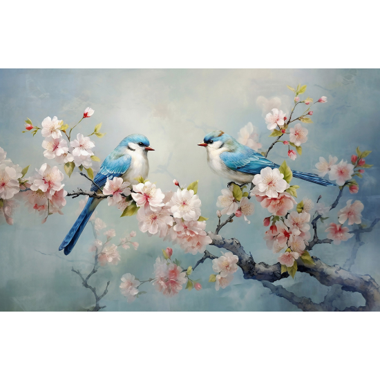 Panoramic Wallpaper - Wall Mural - Flowers Birds