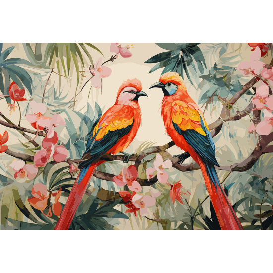 Panoramic Wallpaper - Wall Mural - Flowers Birds