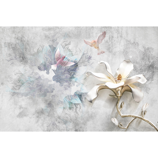 Panoramic Wallpaper - Wall Mural - Flowers Birds