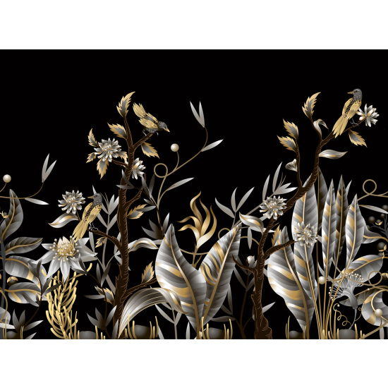 Panoramic Wallpaper - Wall Mural - Flowers Birds