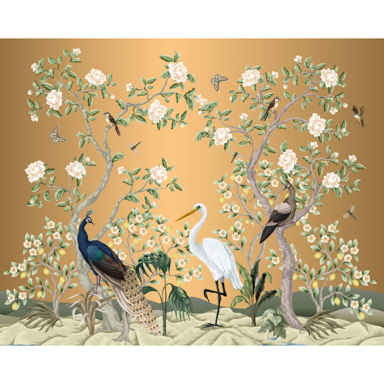 Panoramic Wallpaper - Wall Mural - Flowers Birds