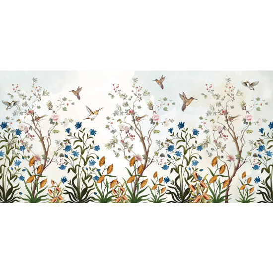 Panoramic Wallpaper - Wall Mural - Flowers Birds