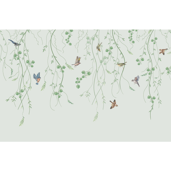 Panoramic Wallpaper - Wall Mural - Flowers Birds