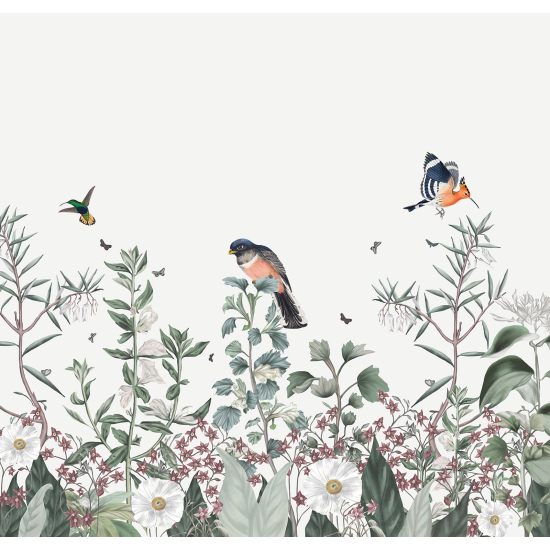 Panoramic Wallpaper - Wall Mural - Flowers Birds