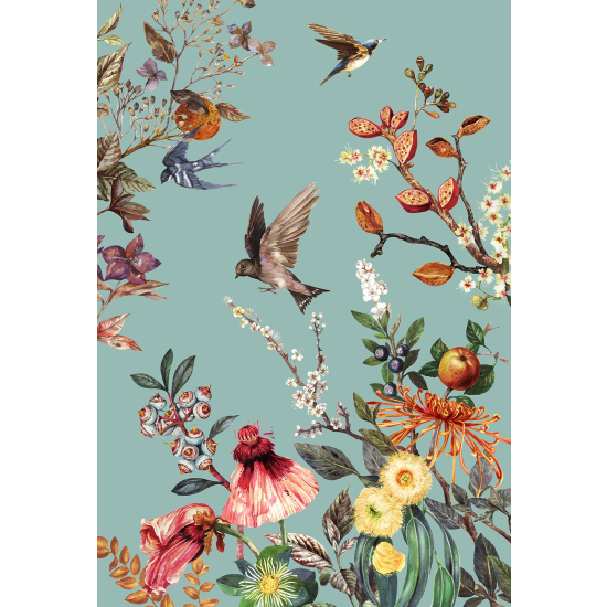 Panoramic Wallpaper - Wall Mural - Flowers Birds