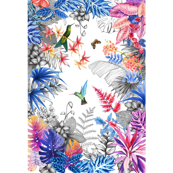 Panoramic Wallpaper - Wall Mural - Flowers Birds