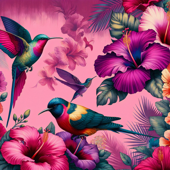 Panoramic Wallpaper - Wall Mural - Flowers Birds