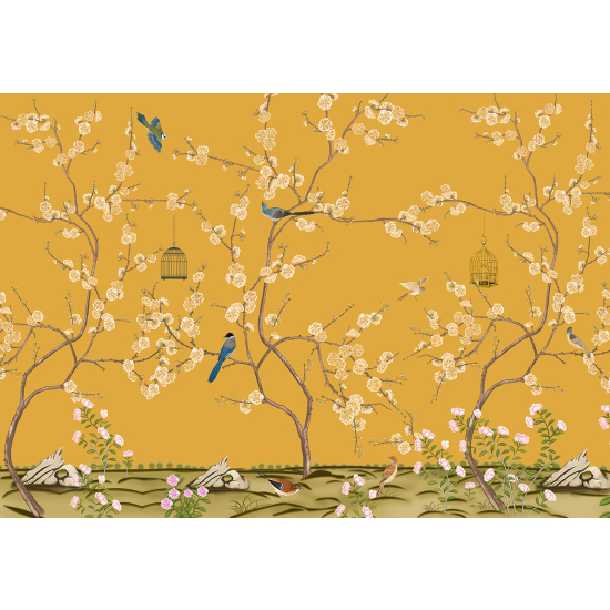 Panoramic Wallpaper - Wall Mural - Flowers Birds