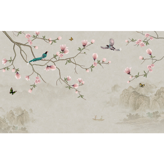 Panoramic Wallpaper - Wall Mural - Flowers Birds