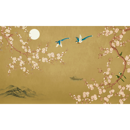 Panoramic Wallpaper - Wall Mural - Flowers Birds