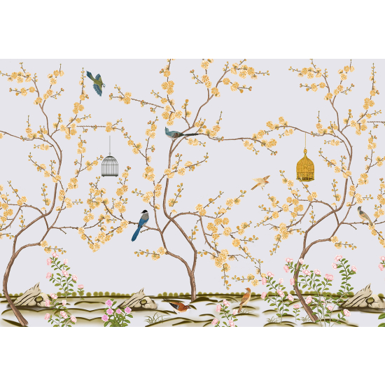 Panoramic Wallpaper - Wall Mural - Flowers Birds