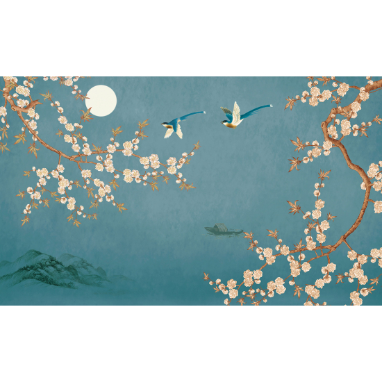 Panoramic Wallpaper - Wall Mural - Flowers Birds