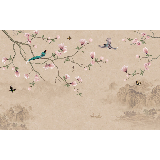 Panoramic Wallpaper - Wall Mural - Flowers Birds