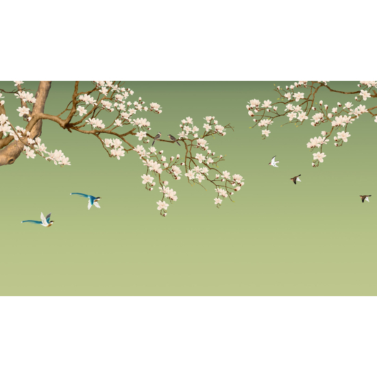 Panoramic Wallpaper - Wall Mural - Flowers Birds