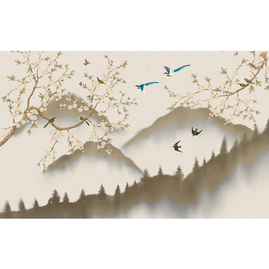 Panoramic Wallpaper - Wall Mural - Flowers Birds