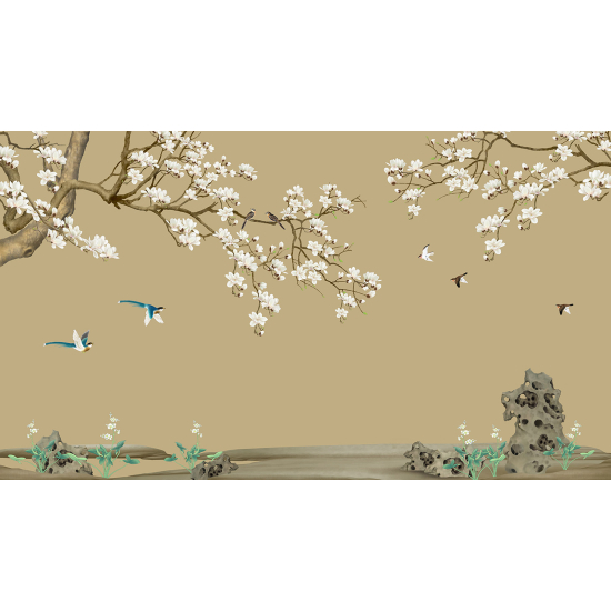 Panoramic Wallpaper - Wall Mural - Flowers Birds