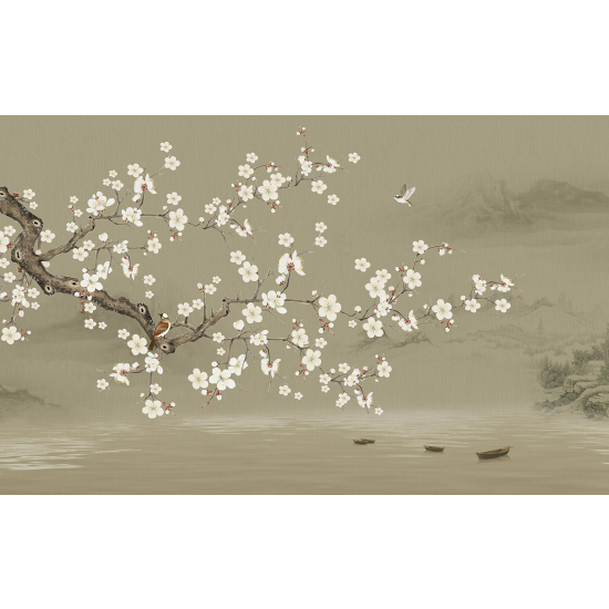 Panoramic Wallpaper - Wall Mural - Flowers Birds