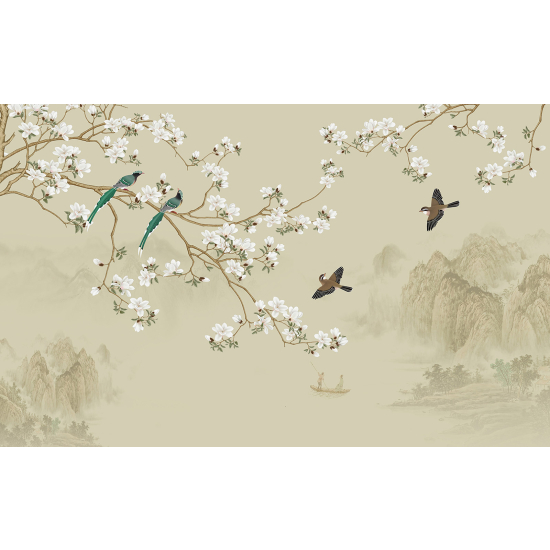 Panoramic Wallpaper - Wall Mural - Flowers Birds