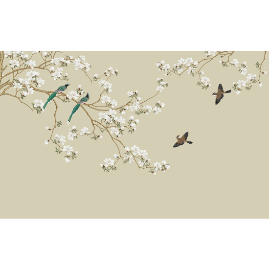 Panoramic Wallpaper - Wall Mural - Flowers Birds