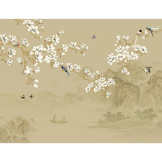 Panoramic Wallpaper - Wall Mural - Flowers Birds