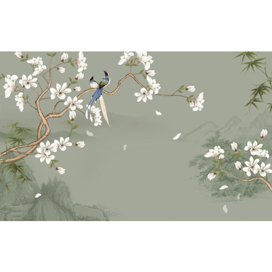 Panoramic Wallpaper - Wall Mural - Flowers Birds