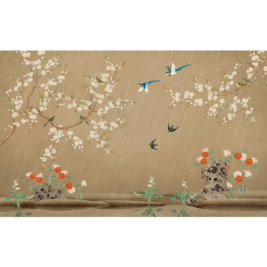 Panoramic Wallpaper - Wall Mural - Flowers Birds