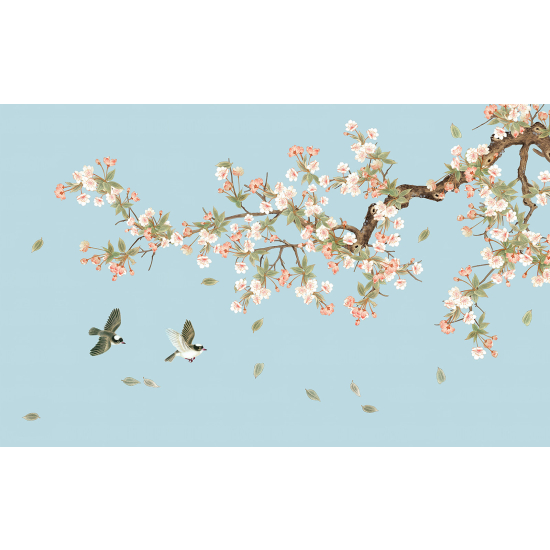 Panoramic Wallpaper - Wall Mural - Flowers Birds