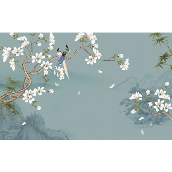 Panoramic Wallpaper - Wall Mural - Flowers Birds