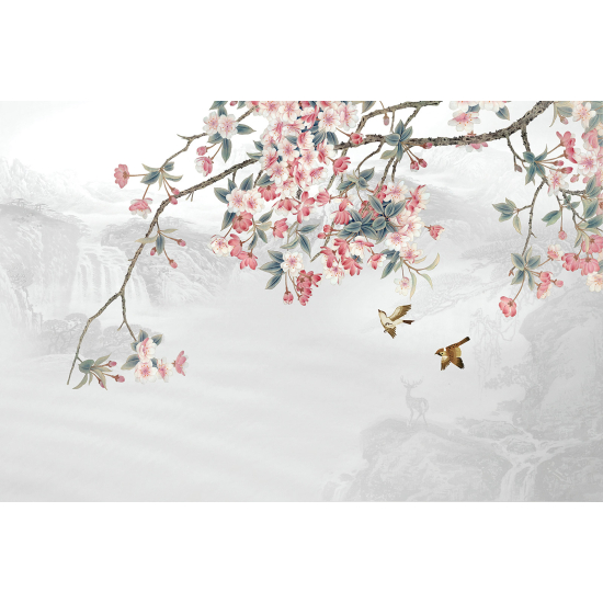 Panoramic Wallpaper - Wall Mural - Flowers Birds