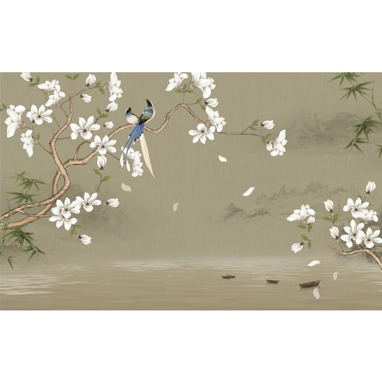 Panoramic Wallpaper - Wall Mural - Flowers Birds