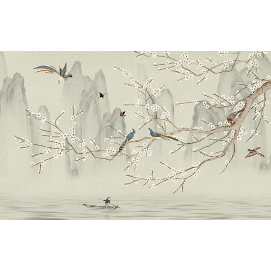 Panoramic Wallpaper - Wall Mural - Flowers Birds