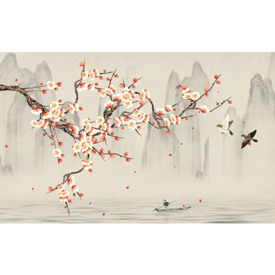 Panoramic Wallpaper - Wall Mural - Flowers Birds