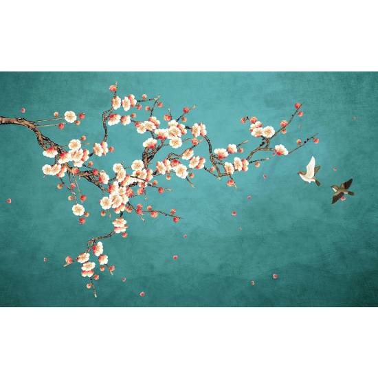 Panoramic Wallpaper - Wall Mural - Flowers Birds