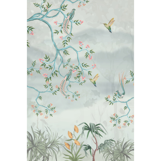 Panoramic Wallpaper - Wall Mural - Flowers Birds