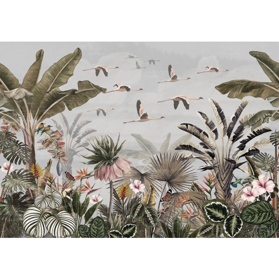 Panoramic Wallpaper - Wall Mural - Flowers Birds