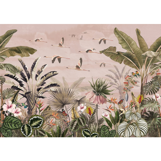 Panoramic Wallpaper - Wall Mural - Flowers Birds