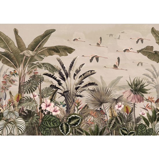 Panoramic Wallpaper - Wall Mural - Flowers Birds