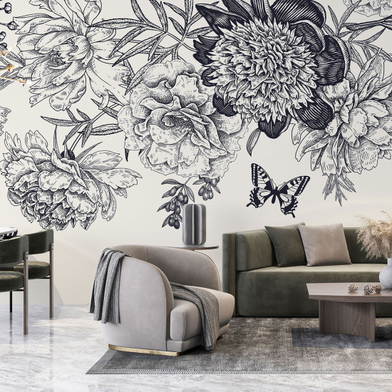 Panoramic Wallpaper - Wall Mural - Flowers Butterflies