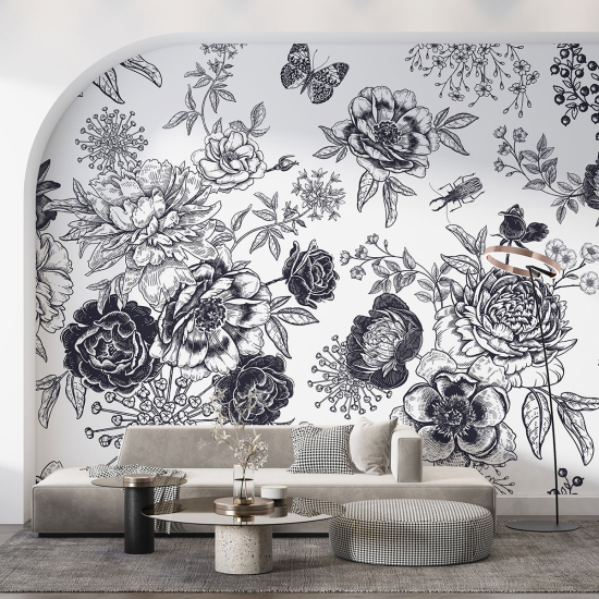 Panoramic Wallpaper - Wall Mural - Flowers Butterflies