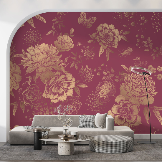 Panoramic Wallpaper - Wall Mural - Flowers Butterflies