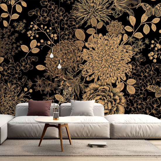 Panoramic Wallpaper - Wall Mural - Flowers Butterflies