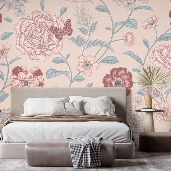 Panoramic Wallpaper - Wall Mural - Flowers Butterflies