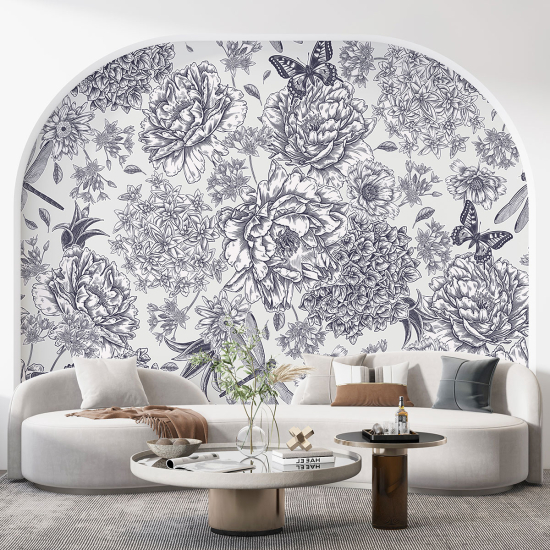 Panoramic Wallpaper - Wall Mural - Flowers Butterflies