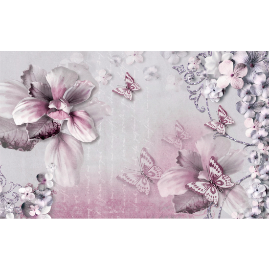 Panoramic Wallpaper - Wall Mural - Flowers Butterflies