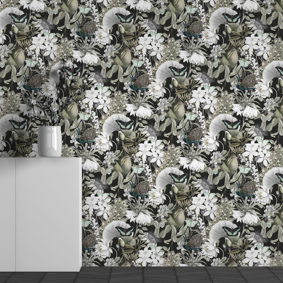 Panoramic Wallpaper - Wall Mural - Flowers Butterflies Pattern